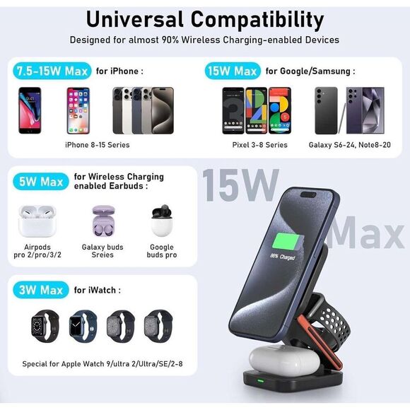 Foldable 3-in-1 Magnetic Wireless Charging Station Black With Carrying Case - Picture 10 of 12